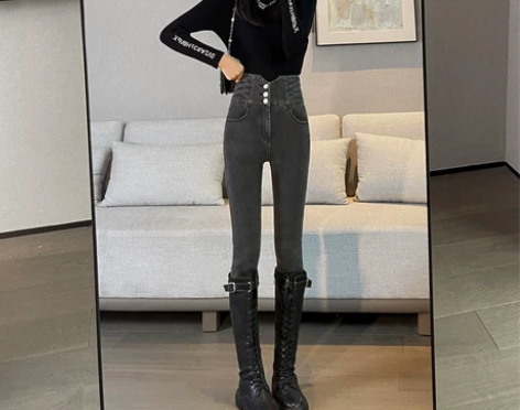 超高腰黑色加绒牛仔裤女秋冬高腰显瘦紧身加厚...