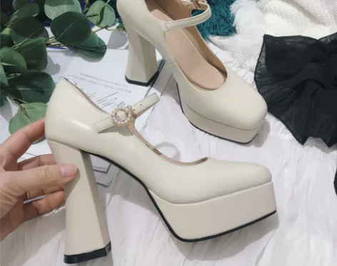 浅口单鞋里外全皮粗高跟防水台圆头一字… 仅...