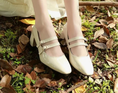 复古玛丽珍鞋韩版一字扣裸色高跟鞋漆皮方头粗...