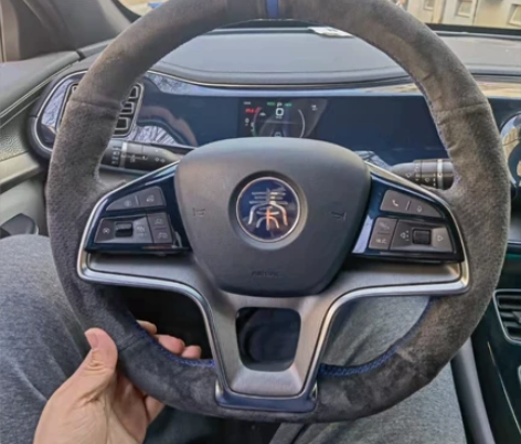 比亚迪翻毛皮专车专用手缝真皮方向盘套宋秦S...