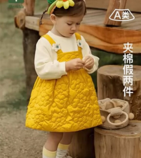 Amila儿童装可爱风假两件背带连衣裙女童...