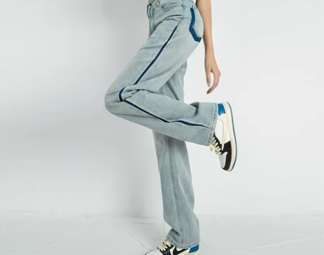 RJVO拼色复古怀旧浅蓝牛仔裤女2022年...