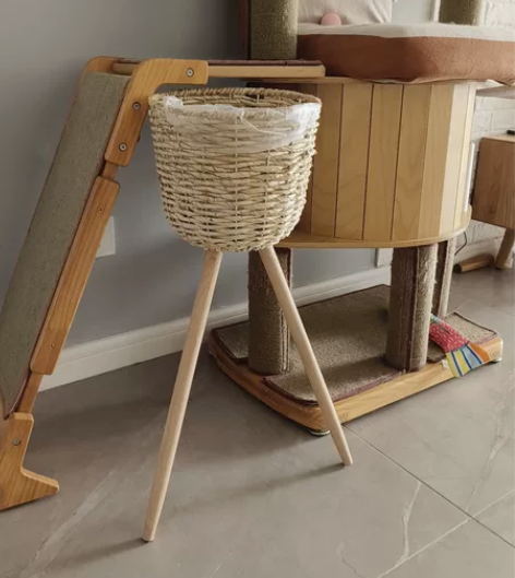 北欧风格创意藤编草编花篮木质高花架落地式室...