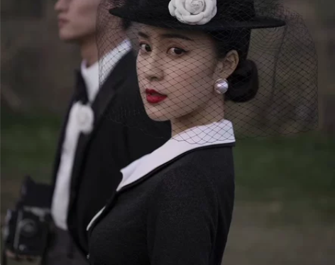 新款法式山茶花赫本礼帽花朵圆顶复古网纱金丝...