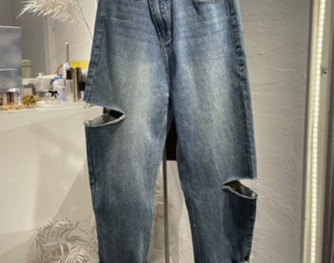 垂感显瘦破洞牛仔裤女2021春夏新款高腰宽...