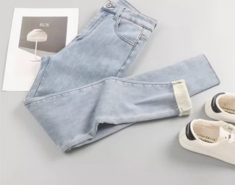 浅色加绒加厚牛仔小脚裤女2022秋冬新款高...