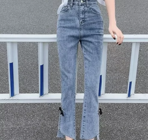 蝴蝶结弹力微喇叭开叉牛仔裤女高腰收腹修身九...