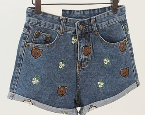 春夏新款韩国韩版复古刺绣小熊小花朵牛仔裤…...