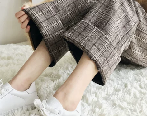 格子毛呢裤子女秋冬九分坠感阔腿复古温柔风高...