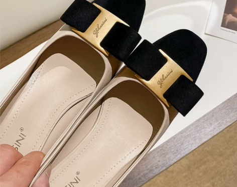 小雨家气质新款蝴蝶结复古风方头浅口舒适小香...