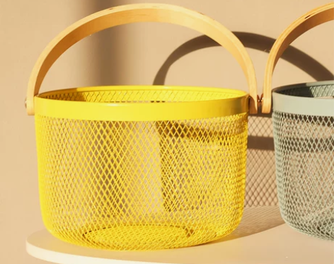 木柄收纳筐零食玩具杂物整理篮子黄色储物篮铁...