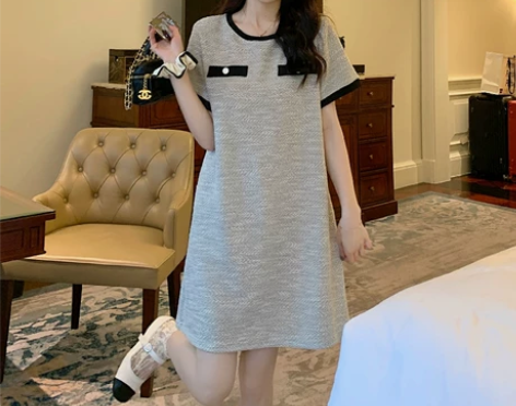 夏季大码高级感小香风连衣裙女气质T恤裙胖m...