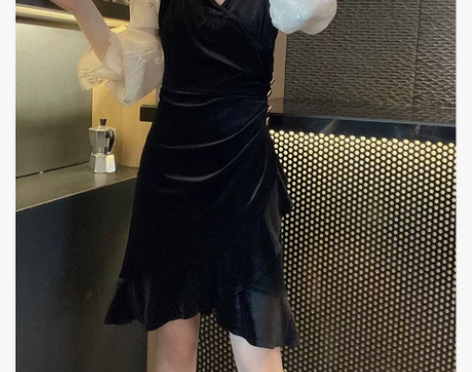 法式收腰气质荷叶边裙名媛丝绒连衣裙欧洲站2...