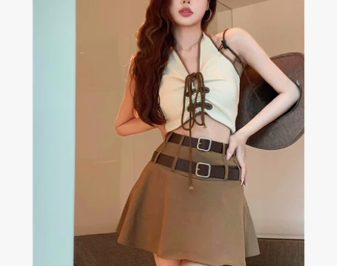 甜辣妹纯欲风性感短款挂脖背心半身裙子套装女...