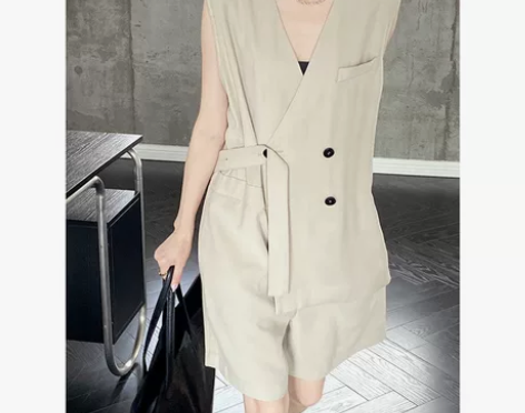 宽松休闲连体裤女韩版小众设计夏季薄款系带连...