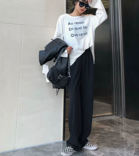 灰色垂感西装阔腿裤女春秋小个子高腰宽松拖地...