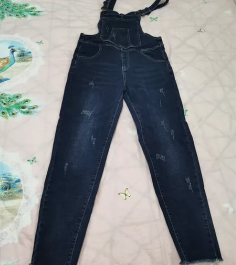 嬉皮少女 高腰背带牛仔裤女春新款可翻边小脚哈伦裤宽松减龄九分...