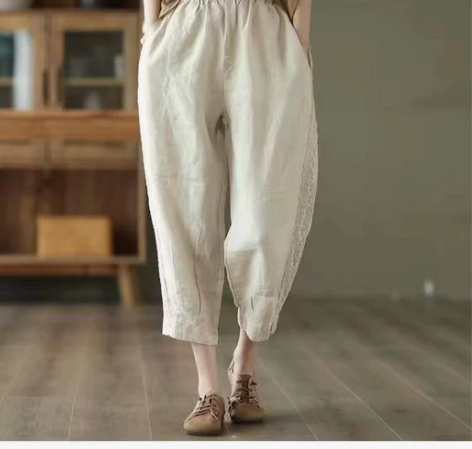 夏季新款复古重工蕾丝刺绣休闲裤女文艺砂洗亚...