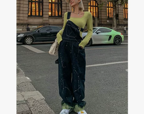 24h Vibing 背带牛仔裤女美式复古...