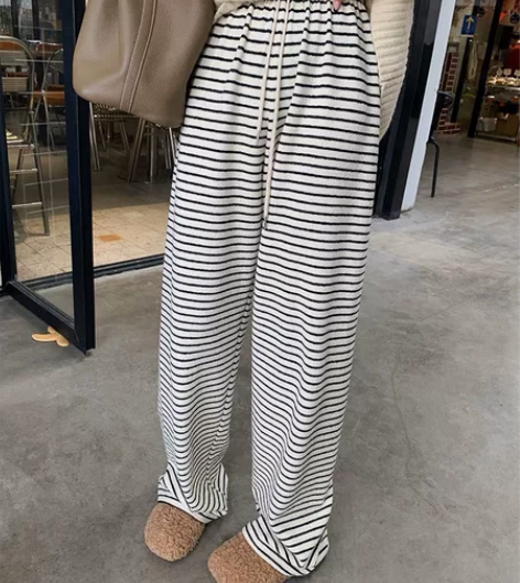 秋冬慵懒宽松显瘦系带高腰直筒条纹休闲裤 实...