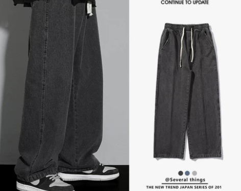 阔腿牛仔裤 牛仔长裤男款春秋季潮牌宽松直筒美式高街黑色裤秋冬...