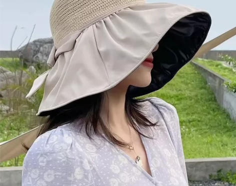 女夏季黑胶涂层蝴蝶结遮阳帽防紫外线大檐镂空...