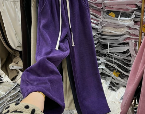 全新   紫色雪尼尔阔腿裤女秋冬加绒垂感直...