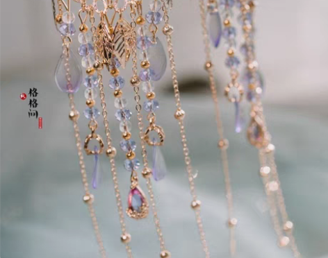 包邮汉服掩鬓珍珠紫水晶流苏雕花明制头饰古风...