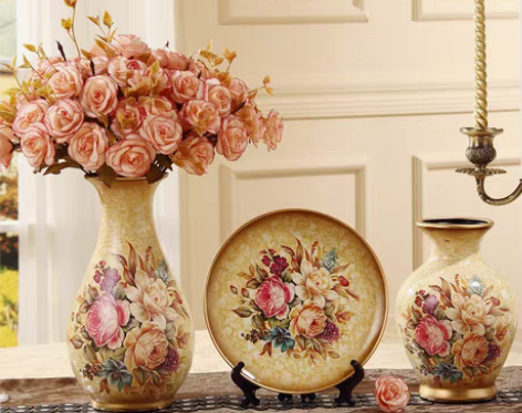 转卖新品欧式陶瓷花瓶三件套奢华家居客厅摆件...