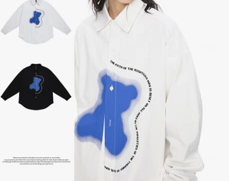 转卖春季设计感小熊卡通印花长袖衬衫男女同款...