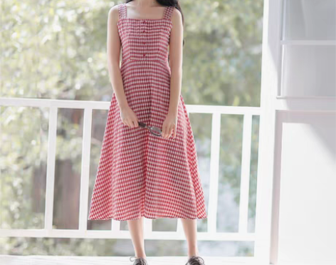 转卖法式少女桔梗初恋裙格子小清新吊带裙夏外...