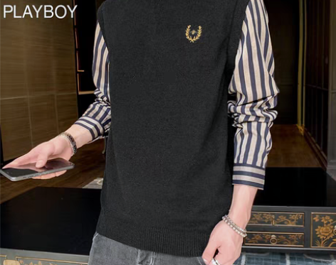转卖花花公子秋冬季假两件针织衫男士长袖打底...