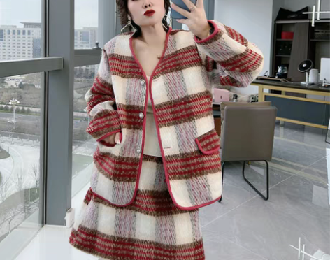 转卖小香风撞色格子文艺风套装大码女装200...