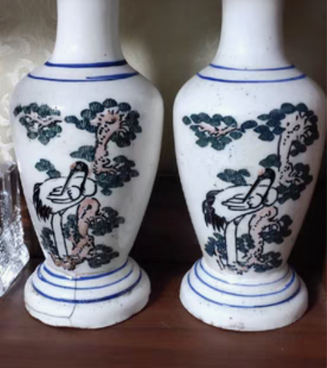 包邮一对晚清民国松鹤延年白瓷花瓶，尺寸25...