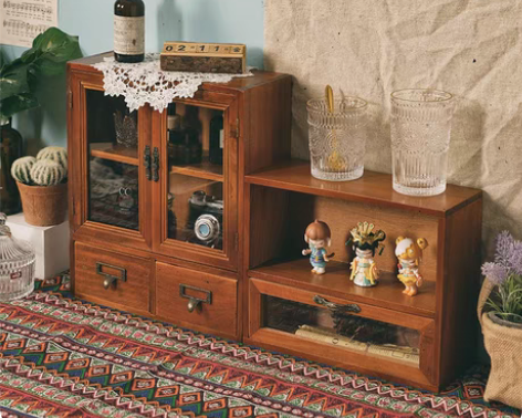 包邮复古木质双开门展示柜杂物化妆品收纳柜整...