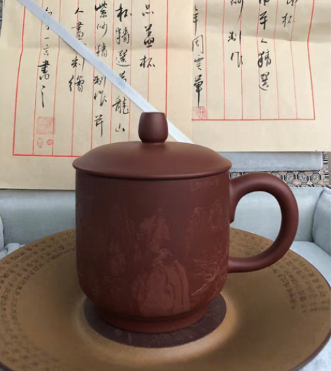 包邮一言刻绘，双工精作，纯手工高端紫砂盖杯...