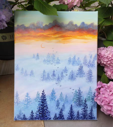 包邮纯手绘风景油画 迷雾深林 丙烯画 实拍...