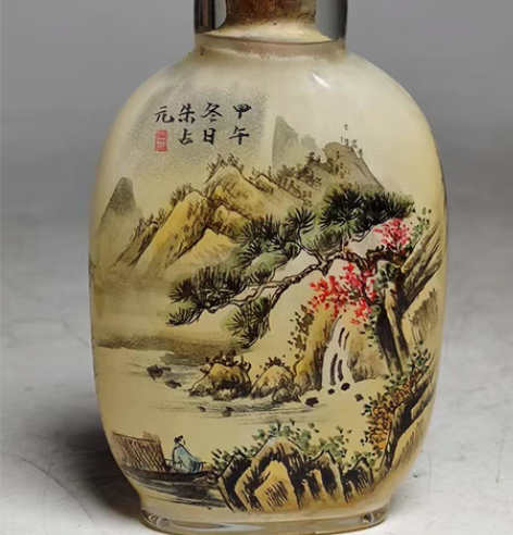 包邮旧藏名家朱占元,手绘水晶内画山水风景鼻...