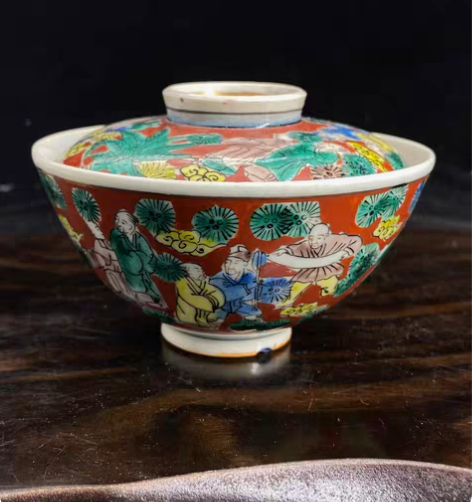 包邮日本回流 九谷木米作 稀有品满绘茶盖碗...