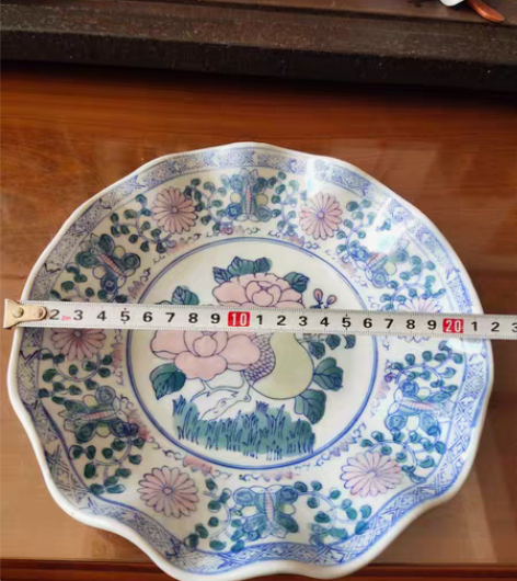 包邮七八十年代手绘五彩荷花边口水果盘，釉水...