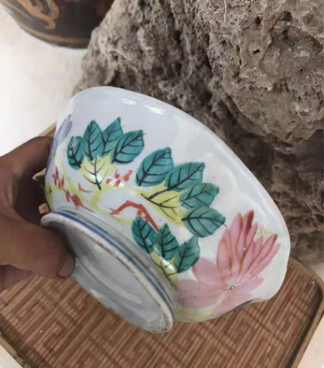 包邮古董古玩民国手绘五彩花口大碗一只 画工...