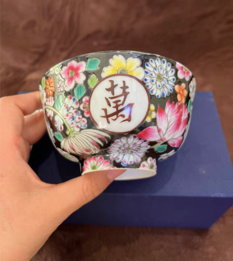 包邮景德镇老厂货瓷器手绘万花万寿无疆大茶碗...