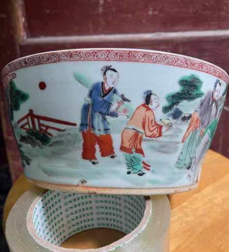 康熙古彩人物洗，老胎花瓶底座锯下来的花瓶底...
