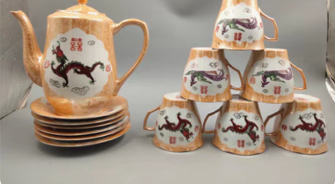 包邮文革景德镇手绘龙凤描金茶具，原装13件...