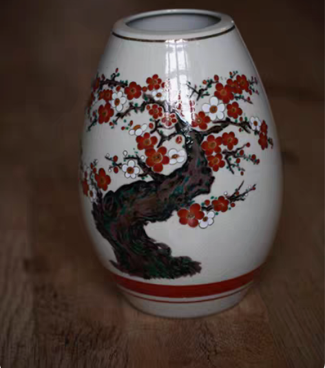 包邮日本回流 九谷陶月 花瓶 梅花全品无伤...