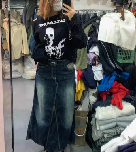 包邮Vintage复古y2k涩谷辣妹深蓝长...