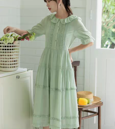 善颜桔梗法式娃娃领绿色连衣裙夏季女收腰气质...