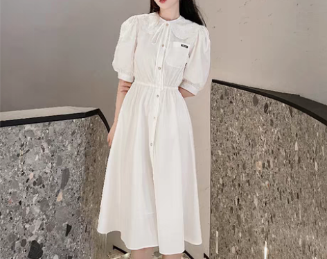 转卖M连衣裙缪同款白色娃娃领蝴蝶结蓬蓬裙法...