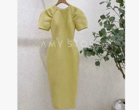 转卖越南设计2圆领蓬蓬袖珍珠修身长款铅笔裙...