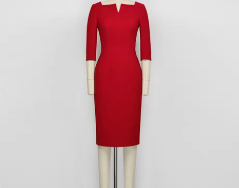 转卖暗红色七分袖铅笔裙女中长款中腰修身V领...